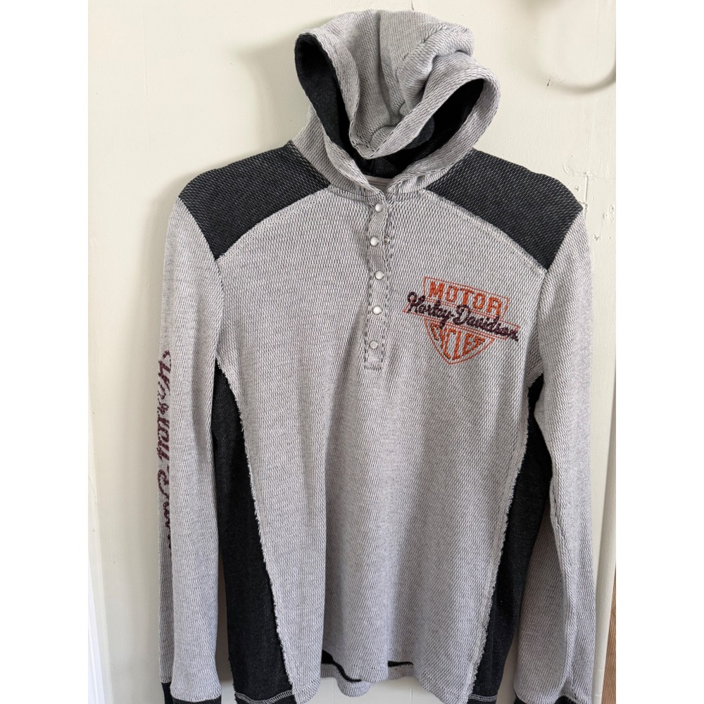 Harley-Davidson Womens Grey Thermal Hoodie Waffle Knit Winged Logo Henley L